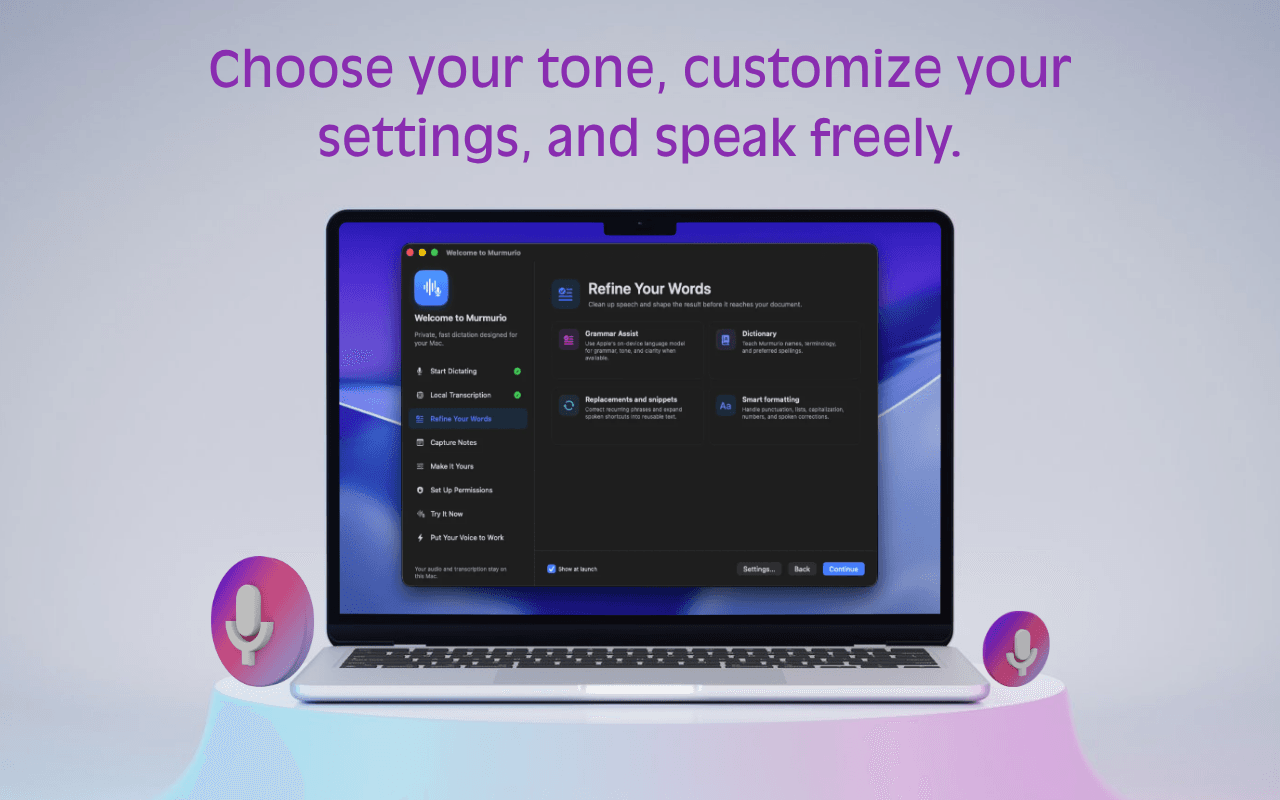Pantalla de Murmurio para mejorar las palabras con asistencia gramatical, diccionario, sustituciones y formato inteligente